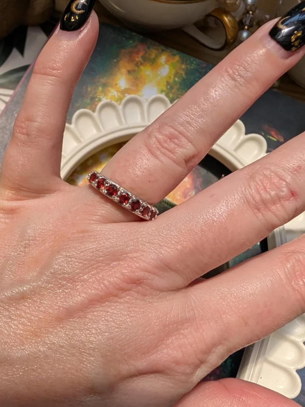 Vintage Garnet & Sterling Silver Eternity Ring, Size 6